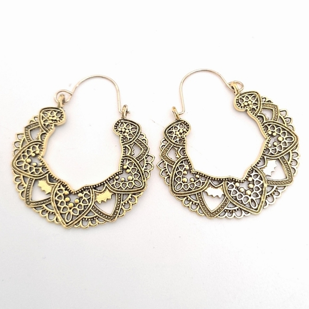 💖2/$30 Boho Hoop brass tribal gypsy cut out large Filigree drop earrings - Picture 5 of 16